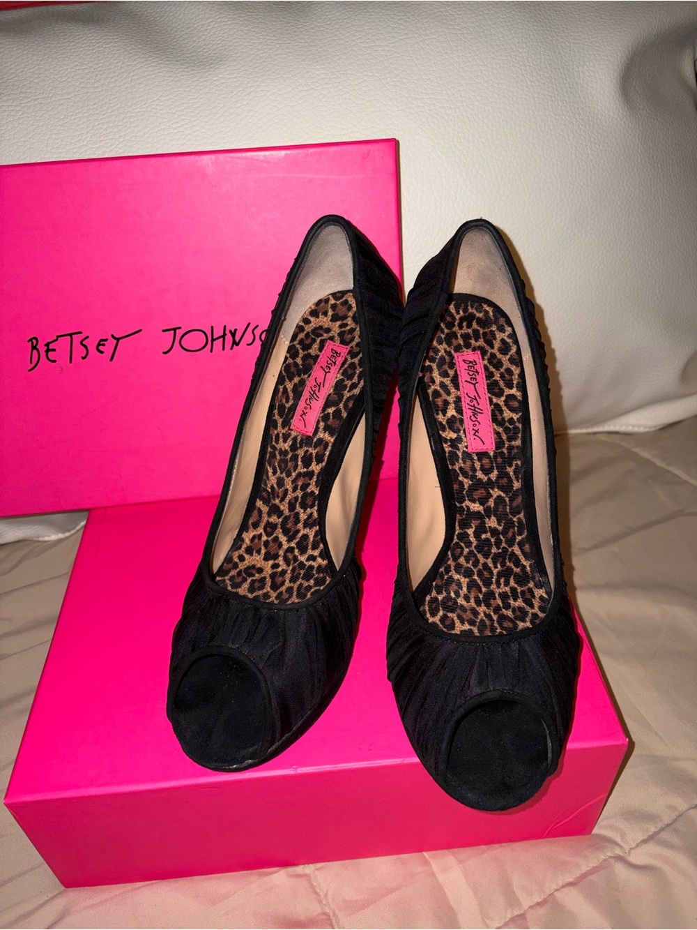 Betsey Johnson Black Peep-Toe Heels with Leopard Insole